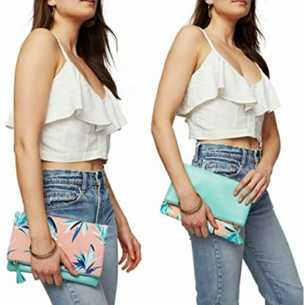Rachel Palley Reversible Paradise Clutch Zipper Teal Leather Floral Print NEW